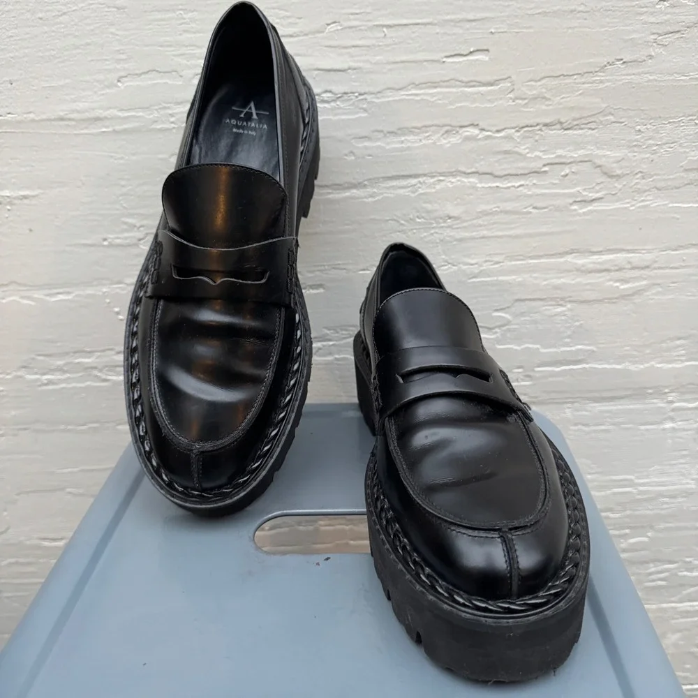 Aquatalia Platform Penny Loafers 10 Black Leather Chunky Lug Sole Waterproof y2k - Picture 11 of 11